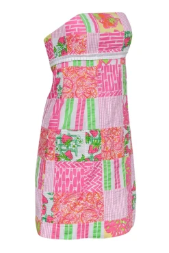 Lilly Pulitzer - Pink & Green Mixed Fruit Patchwork Cotton Strapless Dress Sz 2