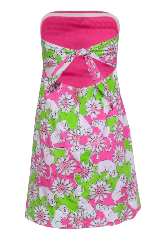 Lilly Pulitzer - Pink & Green Strapless Dress w/ Leopardsr Detail Sz 8