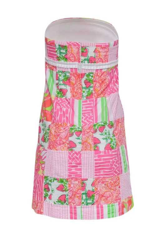Lilly Pulitzer - Pink & Green Mixed Fruit Patchwork Cotton Strapless Dress Sz 2