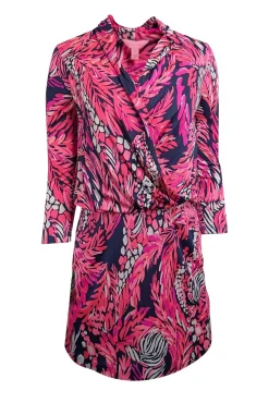 Lilly Pulitzer - Pink & Navy Leaf Print Silk Blouson Dress Sz XS