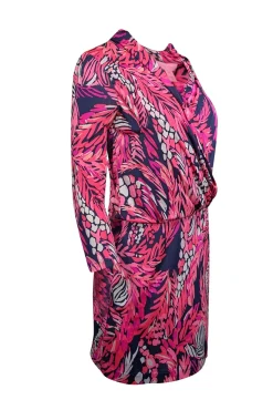 Lilly Pulitzer - Pink & Navy Leaf Print Silk Blouson Dress Sz XS
