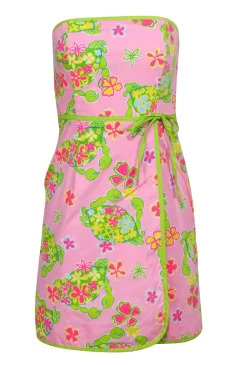 Lilly Pulitzer - Pink Crab Floral "Muscle Beach" Print Cotton Strapless Sundress Sz 4