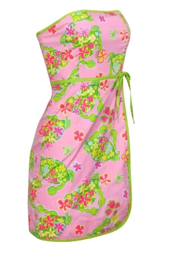 Lilly Pulitzer - Pink Crab Floral "Muscle Beach" Print Cotton Strapless Sundress Sz 4