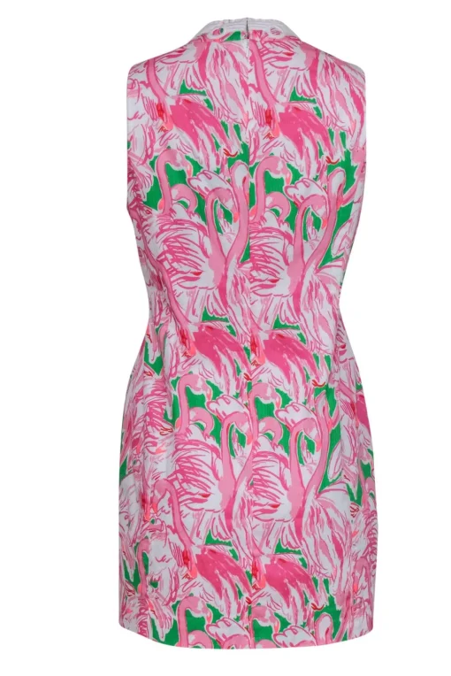 Lilly Pulitzer - Pink, Green & White Flamingo Print "Alexa" Shift Dress Sz 10