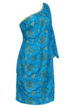 Lilly Pulitzer - Teal Lace Floral One-Shoulder Dress w/ Yellow Slip Sz 14