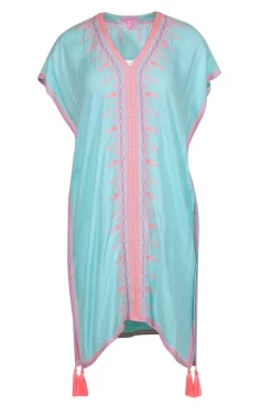 Lilly Pulitzer - Turquoise Caftan w/ Pink Embroidery & Neon Coral Tassels Sz XXS/XS