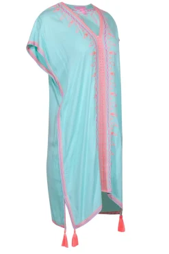 Lilly Pulitzer - Turquoise Caftan w/ Pink Embroidery & Neon Coral Tassels Sz XXS/XS