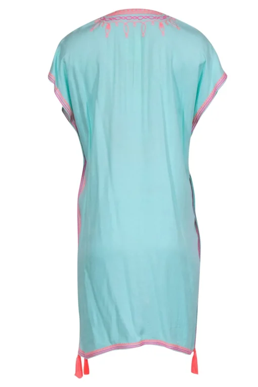 Lilly Pulitzer - Turquoise Caftan w/ Pink Embroidery & Neon Coral Tassels Sz XXS/XS