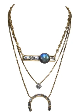Lionette - Gold Chain Tiered Statement Necklace w/ Jeweled Pendants