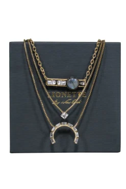 Lionette - Gold Chain Tiered Statement Necklace w/ Jeweled Pendants