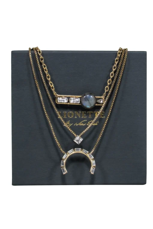 Lionette - Gold Chain Tiered Statement Necklace w/ Jeweled Pendants