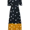 L.K. Bennett - Navy, Mustard & White Polka Dot Cold Shoulder High-Low Maxi Dress Sz 4