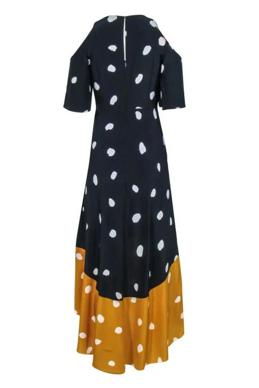 L.K. Bennett - Navy, Mustard & White Polka Dot Cold Shoulder High-Low Maxi Dress Sz 4