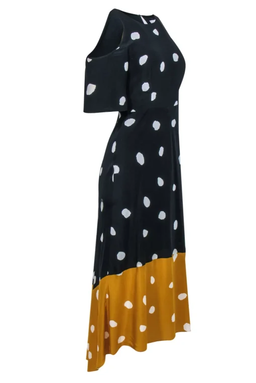 L.K. Bennett - Navy, Mustard & White Polka Dot Cold Shoulder High-Low Maxi Dress Sz 4
