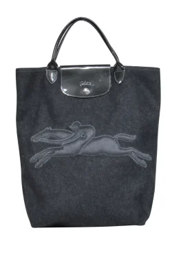 Longchamp - Dark Grey Wool Snap “Victoire” Tote w/ Embroidered Logo