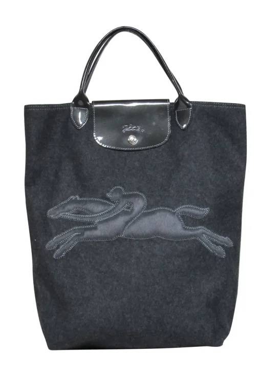 Longchamp - Dark Grey Wool Snap “Victoire” Tote w/ Embroidered Logo