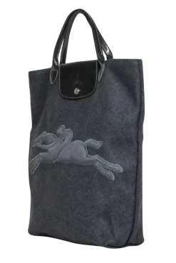 Longchamp - Dark Grey Wool Snap “Victoire” Tote w/ Embroidered Logo