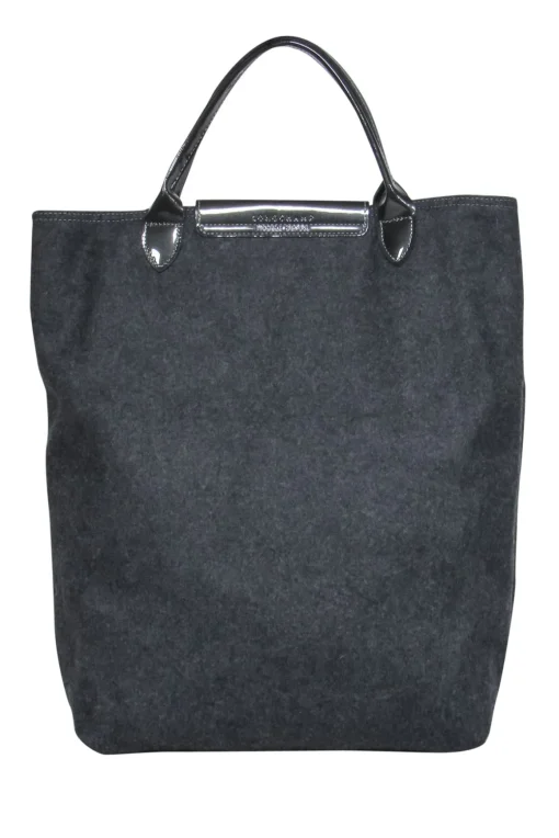Longchamp - Dark Grey Wool Snap “Victoire” Tote w/ Embroidered Logo