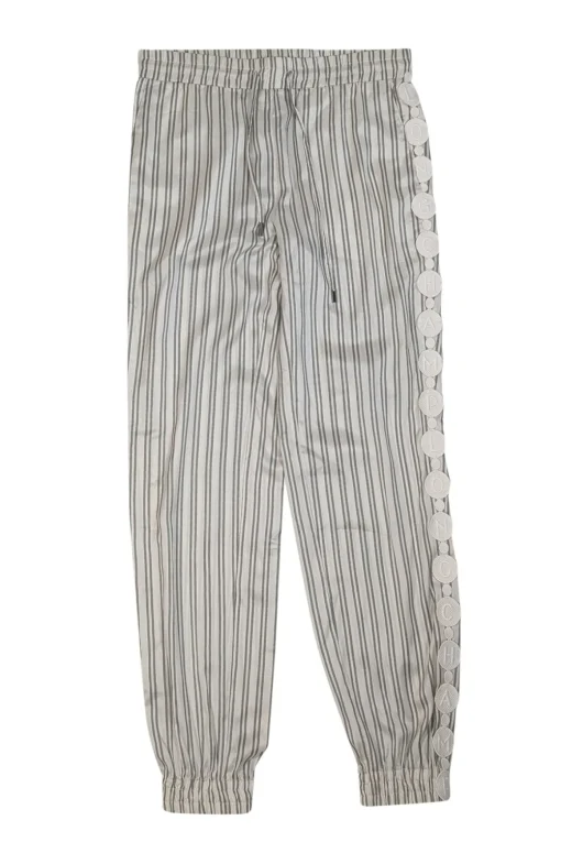Longchamp - Off-White & Green Striped Silk Pants w/ Logo Appliques Sz 4