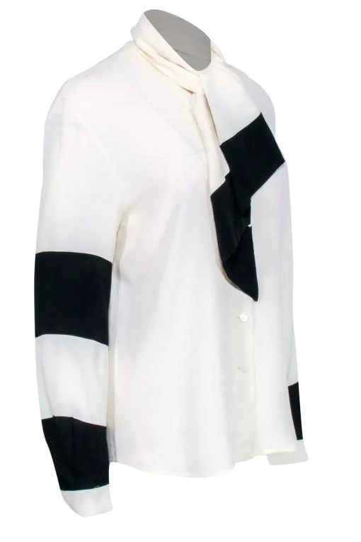 Louis Feraud  - Cream & Black Colorblocked Long Sleeve Silk Blend Blouse w/ Tie Sz 4