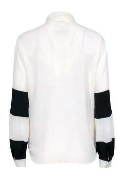 Louis Feraud  - Cream & Black Colorblocked Long Sleeve Silk Blend Blouse w/ Tie Sz 4
