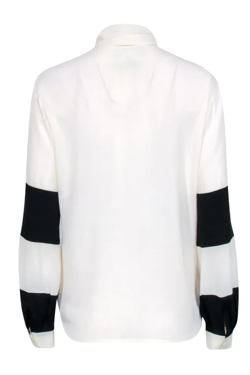 Louis Feraud  - Cream & Black Colorblocked Long Sleeve Silk Blend Blouse w/ Tie Sz 4