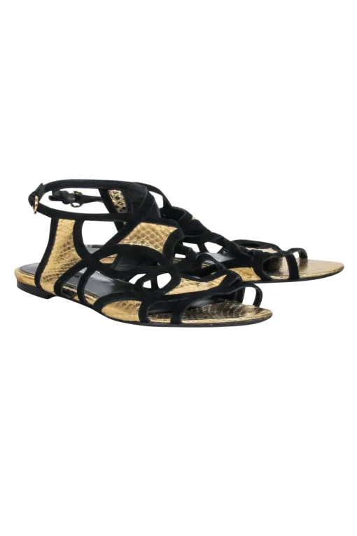 Louis Vuitton - Gold & Black Python Embossed Strappy Gladiator Sandals Sz 9.5