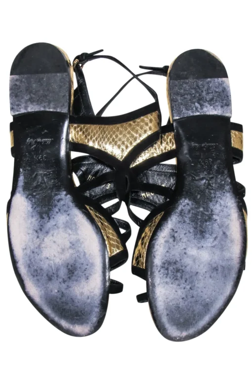 Louis Vuitton - Gold & Black Python Embossed Strappy Gladiator Sandals Sz 9.5