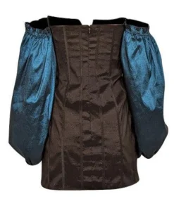 Lovers + Friends - Black Taffeta boning Dress w/ Teal Off The Shoulder Long Sleeves Sz M