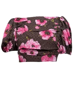 Lovers + Friends - Brown Dotted Satin Blouse w/ Pink Floral Print Sz S