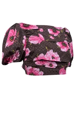 Lovers + Friends - Brown Dotted Satin Blouse w/ Pink Floral Print Sz S