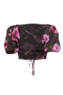Lovers + Friends - Brown Dotted Satin Blouse w/ Pink Floral Print Sz S