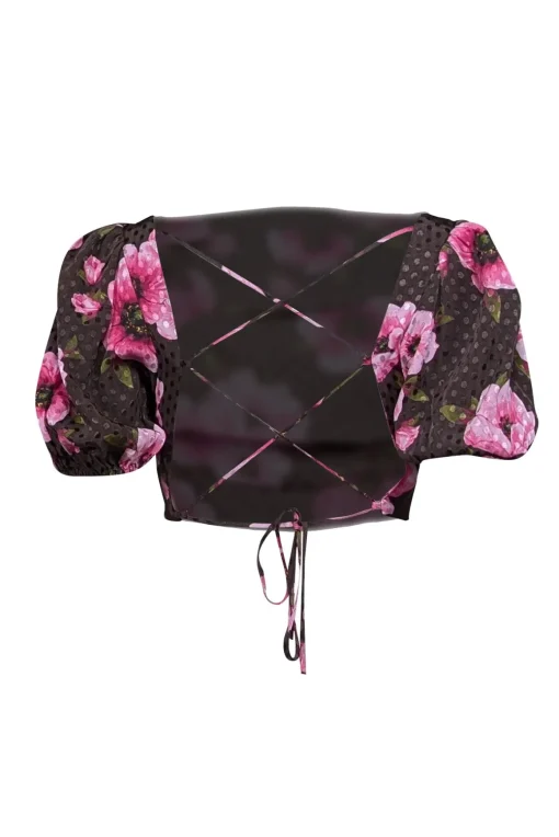 Lovers + Friends - Brown Dotted Satin Blouse w/ Pink Floral Print Sz S