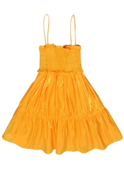 Lovers + Friends - Metallic Yellow Satin Ruffled Smocked Bust Sundress Sz XS
