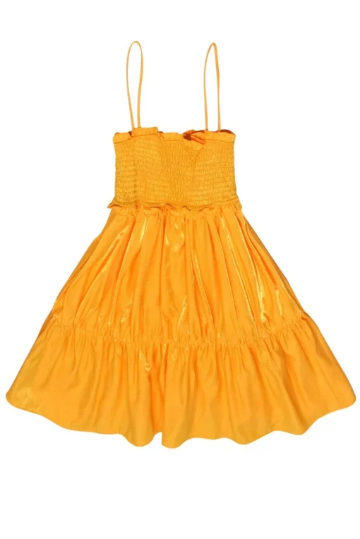 Lovers + Friends - Metallic Yellow Satin Ruffled Smocked Bust Sundress Sz XS
