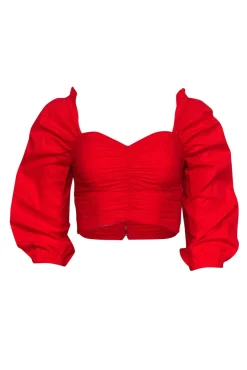 Lovers + Friends - Red Ruched Cropped Puff Sleeve Blouse Sz XS