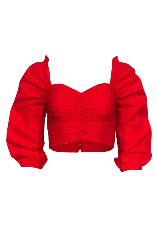 Lovers + Friends - Red Ruched Cropped Puff Sleeve Blouse Sz XS