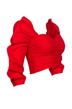 Lovers + Friends - Red Ruched Cropped Puff Sleeve Blouse Sz XS