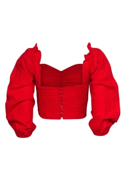 Lovers + Friends - Red Ruched Cropped Puff Sleeve Blouse Sz XS