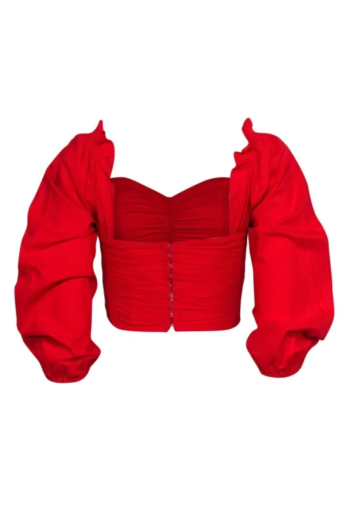 Lovers + Friends - Red Ruched Cropped Puff Sleeve Blouse Sz XS