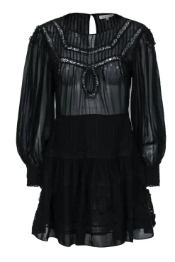 LoveShackFancy - Black Peasant-Style Silk Dress w/ Lace Sz S