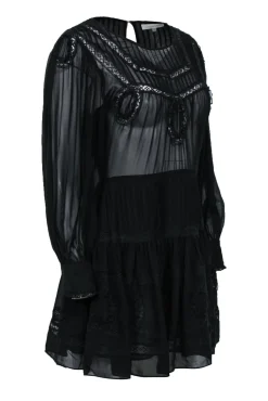 LoveShackFancy - Black Peasant-Style Silk Dress w/ Lace Sz S