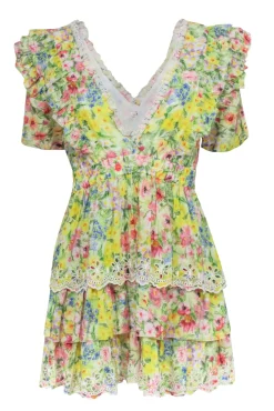 LoveShackFancy - Yellow Multicolor Floral Print Dress w/ Eyelet Trim Sz S