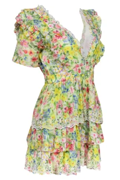 LoveShackFancy - Yellow Multicolor Floral Print Dress w/ Eyelet Trim Sz S