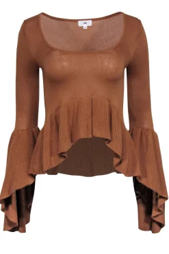 LPA - Tan Scoop Neck Long Sleeve Sweater w/ Bell Sleeves & Ruffle Hem Sz XS