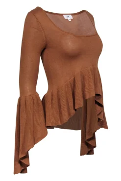 LPA - Tan Scoop Neck Long Sleeve Sweater w/ Bell Sleeves & Ruffle Hem Sz XS