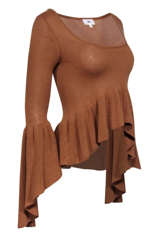 LPA - Tan Scoop Neck Long Sleeve Sweater w/ Bell Sleeves & Ruffle Hem Sz XS