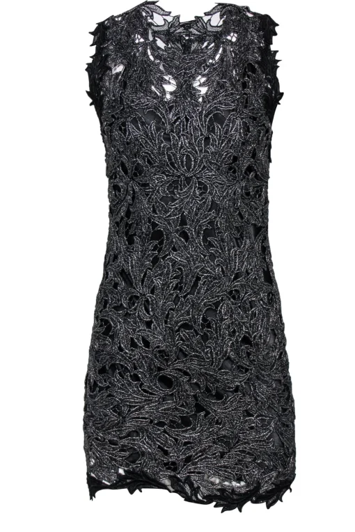 M & Guia for Intermix - Silver Metallic Lace Sheath Dress w/ Back Cutout Sz S