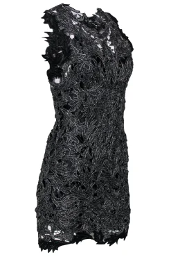 M & Guia for Intermix - Silver Metallic Lace Sheath Dress w/ Back Cutout Sz S