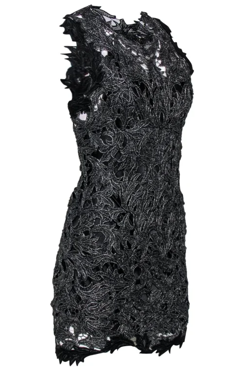 M & Guia for Intermix - Silver Metallic Lace Sheath Dress w/ Back Cutout Sz S